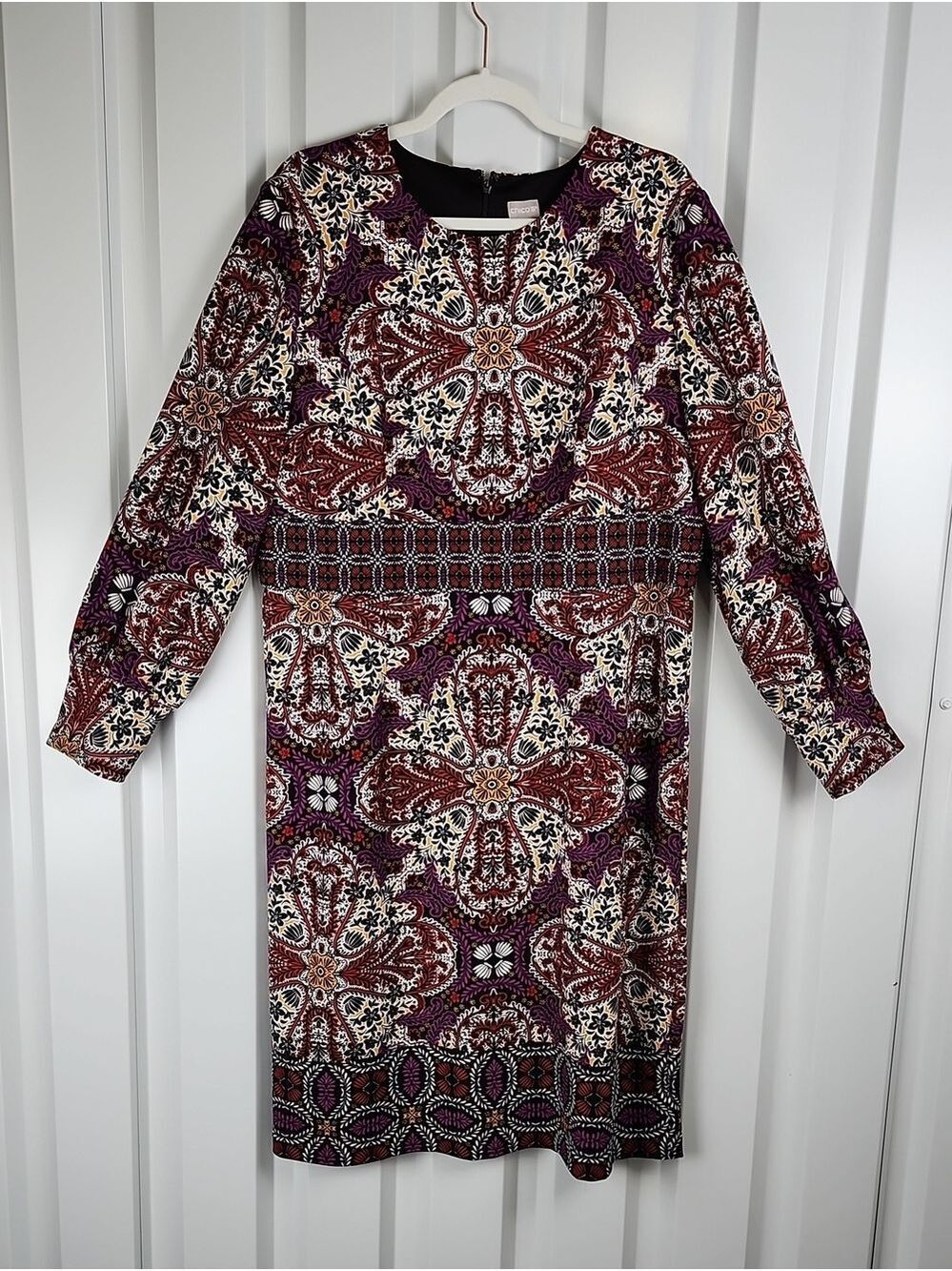 Chico's Women's Medallion Print Purple Paisley Crepe Sheath Dress Size 3=16/18
